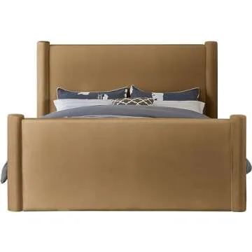 Meridian Furniture B1298Saddle-Q Elias Collection Modern | Contemporary Queen Bed with Soft Saddle Velvet, Solid Wood Inner Frame, 73.5" W x 88.5" D x 52" H, Saddle, Queen