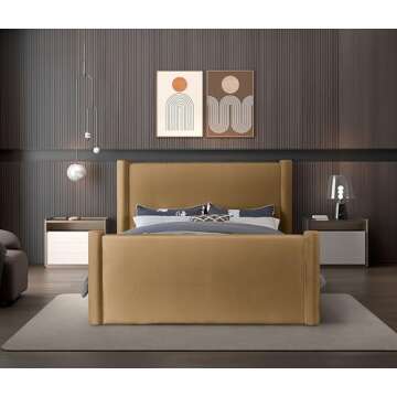 Meridian Furniture B1298Saddle-Q Elias Collection Modern | Contemporary Queen Bed with Soft Saddle Velvet, Solid Wood Inner Frame, 73.5" W x 88.5" D x 52" H, Saddle, Queen