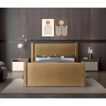 Meridian Furniture B1298Saddle-Q Elias Collection Modern | Contemporary Queen Bed with Soft Saddle Velvet, Solid Wood Inner Frame, 73.5" W x 88.5" D x 52" H, Saddle, Queen