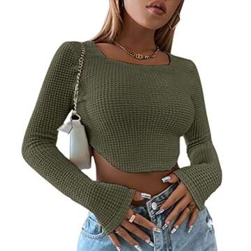 Meladyan Women's Long Sleeve Knitted Solid Crop Shirt Square Neck Fitted Asymmetrical Hem Cropped, Green, Small