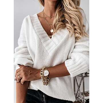 EVALESS White Sweaters for Women Casual Deep V Neck Long Sleeve Oversized Sweater Fall Cable Knit So...