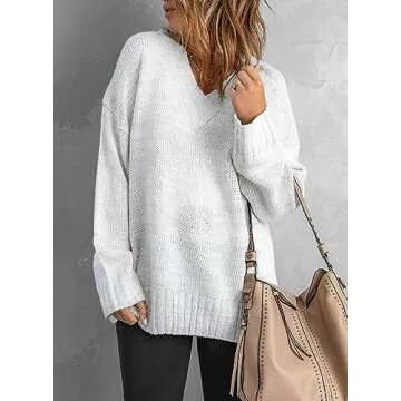 EVALESS White Sweaters for Women Casual Deep V Neck Long Sleeve Oversized Sweater Fall Cable Knit Solid Color Jumper Loose Tunic Pullover Tops Medium
