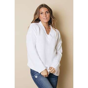 EVALESS White Sweaters for Women Casual Deep V Neck Long Sleeve Oversized Sweater Fall Cable Knit Solid Color Jumper Loose Tunic Pullover Tops Medium