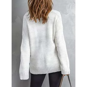 EVALESS White Sweaters for Women Casual Deep V Neck Long Sleeve Oversized Sweater Fall Cable Knit Solid Color Jumper Loose Tunic Pullover Tops Medium