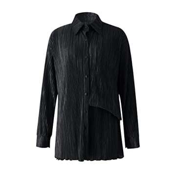 NUFIWI Women 2 Piece Pleated Pants Set Long Sleeve Button Down Shirt Blouse Top Wide Leg Pants Outfits Y2K Fashion Streetwear(Ruffle Black,X-Large)