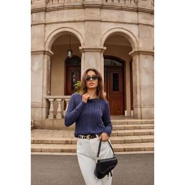 EVALESS Womens 2024 Solid Cable Knitted Timeless Pullover Sweater Crewneck Business Casual Fall Stretchy Blue Tops Medium