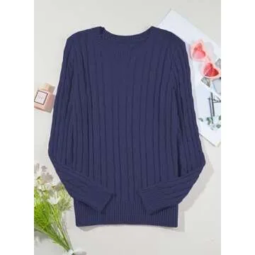 EVALESS Womens 2024 Solid Cable Knitted Timeless Pullover Sweater Crewneck Business Casual Fall Stretchy Blue Tops Medium