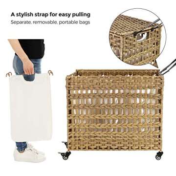 SONGMICS Laundry Hamper with Lid, 140L Synthetic Rattan Laundry Basket with Wheels, Clothes Hamper with 3 Removable Liner Bags, 3-Section Hampers with Handles, Laundry Room, Natural ULCB083N01