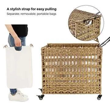 SONGMICS Laundry Hamper with Lid, 140L Synthetic Rattan Laundry Basket with Wheels, Clothes Hamper with 3 Removable Liner Bags, 3-Section Hampers with Handles, Laundry Room, Natural ULCB083N01