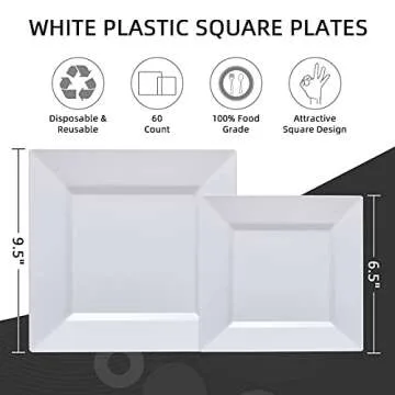 N9R 60 PCS White Plastic Plates Square - Heavy Duty for Parties