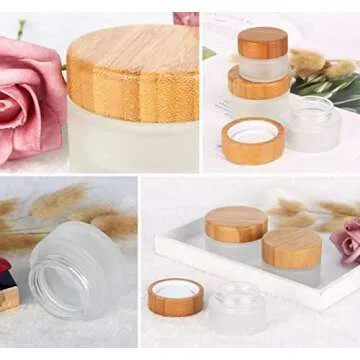 2 Pack 15ml 0.5oz Empty Refillable Round Frosted Glass Cream Jar Cosmetic Storage Container Pot Sample Jars Bottle with Natural Bamboo Lid and Inner Liners for Cream Lotion Lip Balm