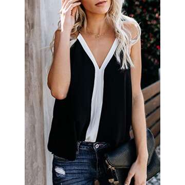 AlvaQ Tanks for Women Summer Colorblock V Neck Sleeveless Shirts Causal Loose Caims Tops Blouses Black Large
