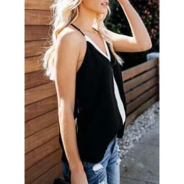 AlvaQ Tanks for Women Summer Colorblock V Neck Sleeveless Shirts Causal Loose Caims Tops Blouses Black Large