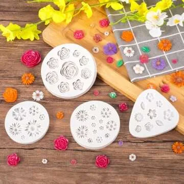 OIIKI 4PCS Silicone Flower Molds, Rose Sunflower Leaf Resin Molds, Polymer Clay Molds, Fondant Molds for Cake, Candy, Chocolate, Soap, DIY Jewelry Making
