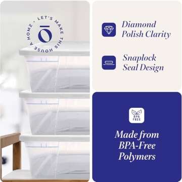 HOMZ 2-Pack Snaplock, Large Clear Plastic Storage Bins with Lids, 41 Quart, White