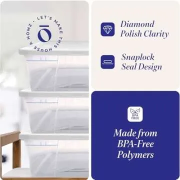 HOMZ 2-Pack Snaplock, Large Clear Plastic Storage Bins with Lids, 41 Quart, White