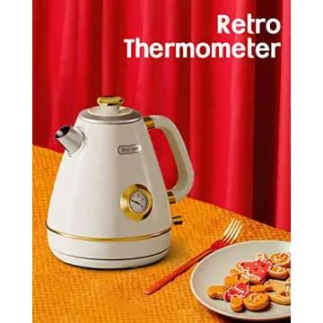 Hazel Quinn Retro Electric Kettle - 1.7 Liters / 57.5 Ounces Tea Kettle with Thermometer, All Stainless Steel, 1200 Watts Fast Boiling, BPA-free, Cordless, Automatic Shut Off - Pearl White