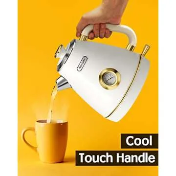 Hazel Quinn Retro Electric Kettle - 1.7 Liters / 57.5 Ounces Tea Kettle with Thermometer, All Stainless Steel, 1200 Watts Fast Boiling, BPA-free, Cordless, Automatic Shut Off - Pearl White