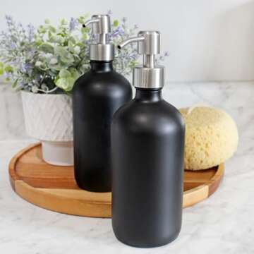 Cornucopia Brands 16oz Black Glass Bottles w/Stainless Steel Pumps (2-Pack); Black Coated Boston Round; Lotion, Hand Care & Soap Dispensers