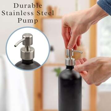 Cornucopia Brands 16oz Black Glass Bottles w/Stainless Steel Pumps (2-Pack); Black Coated Boston Round; Lotion, Hand Care & Soap Dispensers