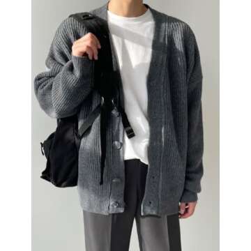 Floerns Men's Casual Long Sleeve Button Front V Neck Rib Knit Cardigan Sweater Dark Grey Medium
