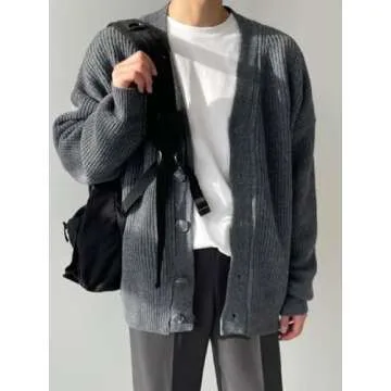 Floerns Men's Casual Long Sleeve Button Front V Neck Rib Knit Cardigan Sweater Dark Grey Medium