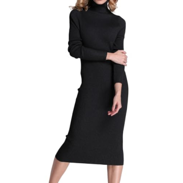 Rocorose Turtleneck Ribbed Knit Sweater Dress - Cozy & Stylish Black S
