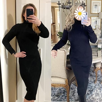 Rocorose Turtleneck Ribbed Knit Sweater Dress Black S