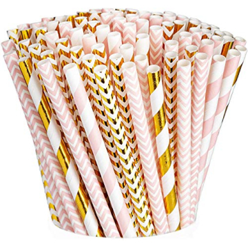 Comfy Package [200 Pack] Pink & Gold Paper Straws Disposable, 100% Biodegradable Multi-Pattern Party...