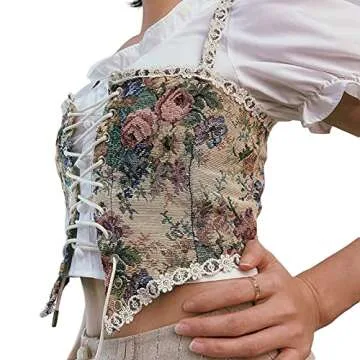 Women Vintage Floral Print Vest Sexy Bodycon Boat Neck Jacquard Camisole Flounce Irregular Suspender Corset (Multicolor, Large)
