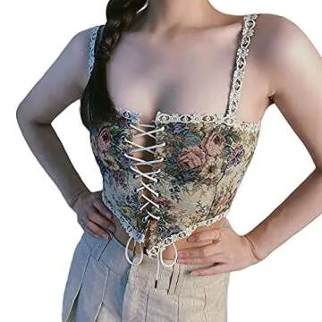 Women Vintage Floral Print Vest Sexy Bodycon Boat Neck Jacquard Camisole Flounce Irregular Suspender Corset (Multicolor, Large)