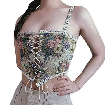 Women Vintage Floral Print Vest Sexy Bodycon Boat Neck Jacquard Camisole Flounce Irregular Suspender Corset (Multicolor, Large)