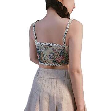 Women Vintage Floral Print Vest Sexy Bodycon Boat Neck Jacquard Camisole Flounce Irregular Suspender Corset (Multicolor, Large)
