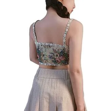 Women Vintage Floral Print Vest Sexy Bodycon Boat Neck Jacquard Camisole Flounce Irregular Suspender Corset (Multicolor, Large)