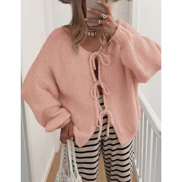 PRETTYGARDEN Women's Tie Front Bow Cardigan Sweaters Chunky Knit Long Puff Sleeve Trendy Fall Winter Jacket Coats (Pink,Large)