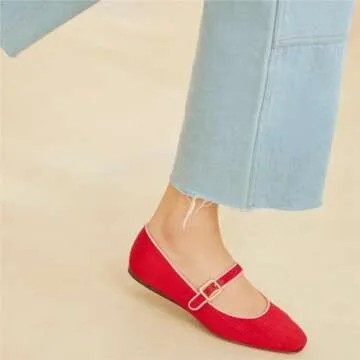 miss left Women's Comfort Buckle Strap Mary Janes Classic Closed Round Toe Ballet Flats Slip On Cozy Casual Dance Shoes Size 7 Red