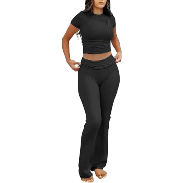 ANRABESS 2 Piece Sets for Women Lounge Loungewear Sets Foldover Yoga Flare Leggings Pants and Croppe...