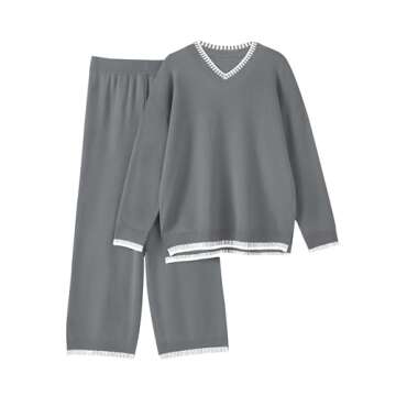 Cakulo Womens 2 Piece Outfits Sweater Lounge Sets 2024 Loungewear Knit Wide Leg Pants Matching Sweatsuit Set Gray XL