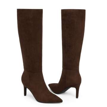 Easyfox Dark Brown Suede Suede Boots for Women Knee High Boots Pointed Toe Long Dark Brown Suede Suede Boots Stiletto High Heel Tall Dark Brown Suede Suede Boots for Women Side Zipper Size 6.5