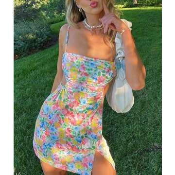 Women Hollow Out Bodycon Dress Vintage Floral Print Spaghetti Strap Dress Sleeveless Backless Split Beach Short Dress