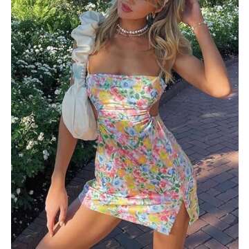 Women Hollow Out Bodycon Dress Vintage Floral Print Spaghetti Strap Dress Sleeveless Backless Split Beach Short Dress