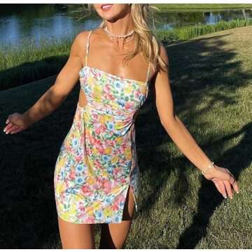 Women Hollow Out Bodycon Dress Vintage Floral Print Spaghetti Strap Dress Sleeveless Backless Split Beach Short Dress