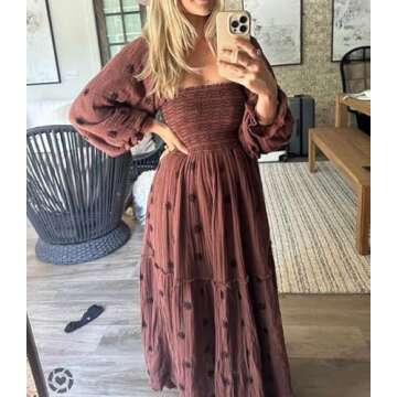 Elegant SOLILOQUY Boho Maxi Dress with Puff Sleeves