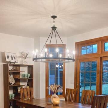 Wellmet Large Black Wagon Wheel Chandelier 38 inch 12-Lights, Farmhouse Chandelier for Dining Room, ...