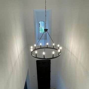 Wellmet Large Black Wagon Wheel Chandelier 38 inch 12-Lights, Farmhouse Chandelier for Dining Room, Industrial Country Round High Ceiling Light Fixture for Foyer, Living Room, Kitchen Island Lighting