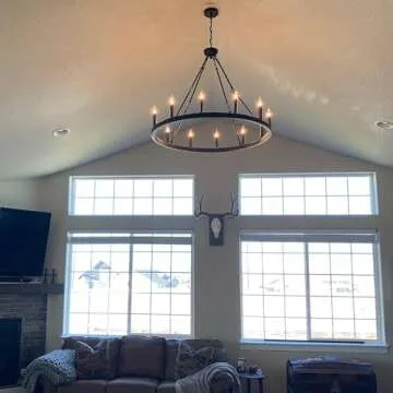 Wellmet Large Black Wagon Wheel Chandelier 38 inch 12-Lights, Farmhouse Chandelier for Dining Room, Industrial Country Round High Ceiling Light Fixture for Foyer, Living Room, Kitchen Island Lighting