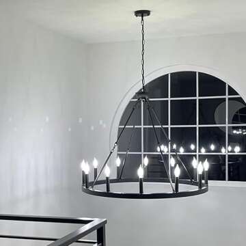 Wellmet Large Black Wagon Wheel Chandelier 38 inch 12-Lights, Farmhouse Chandelier for Dining Room, Industrial Country Round High Ceiling Light Fixture for Foyer, Living Room, Kitchen Island Lighting