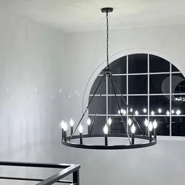 Wellmet Large Black Wagon Wheel Chandelier 38 inch 12-Lights, Farmhouse Chandelier for Dining Room, Industrial Country Round High Ceiling Light Fixture for Foyer, Living Room, Kitchen Island Lighting