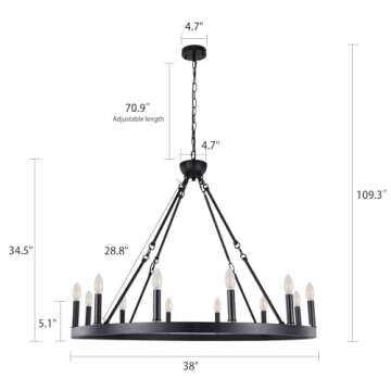 Wellmet Large Black Wagon Wheel Chandelier 38 inch 12-Lights, Farmhouse Chandelier for Dining Room, Industrial Country Round High Ceiling Light Fixture for Foyer, Living Room, Kitchen Island Lighting