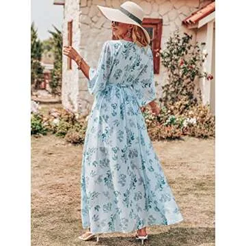 ANRABESS Women’s Summer Loose Boho Flowy Wrap V Neck 3/4 Sleeve Floral Print Slit Beach Wedding Guest Long Maxi Dresses Green Leaf Print Medium